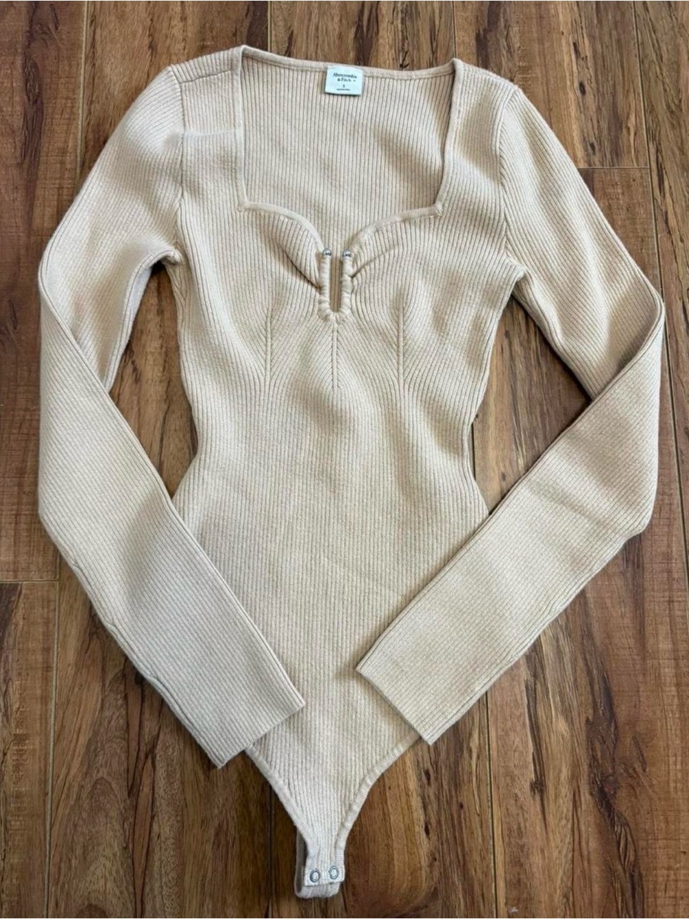 Abercrombie & Fitch Beige Ribbed Tie-Front Bodysuit